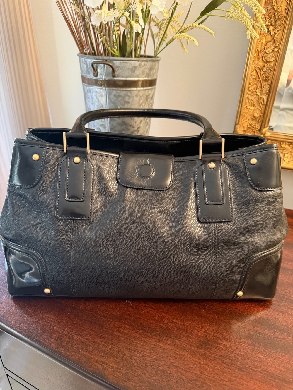 Y2K Talbots Black Leather Satchel Handbag Patent Trim Brasstone Hardware